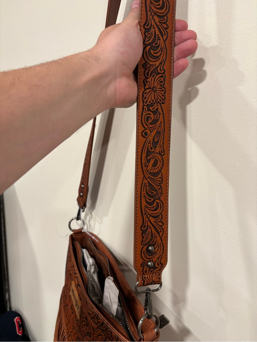Wrangler Brown Leather Tooled Floral Fringe Crossbody - Picture 6 of 16
